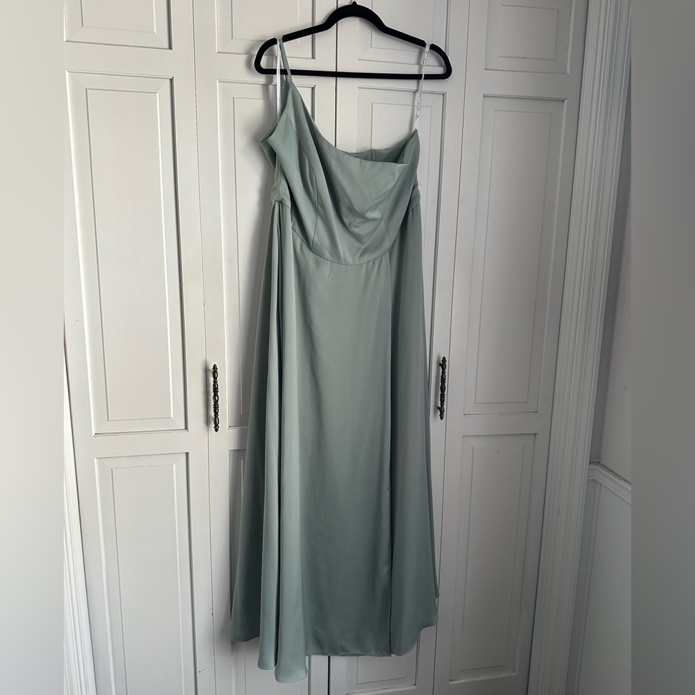 David's Bridal Dusty Sage One Shoulder Bridesmaid Dress